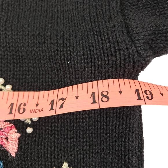 TIARA Vintage 90s Embroidered Knit Cardigan Women L Black Retro Unique Old Money - Picture 9 of 10